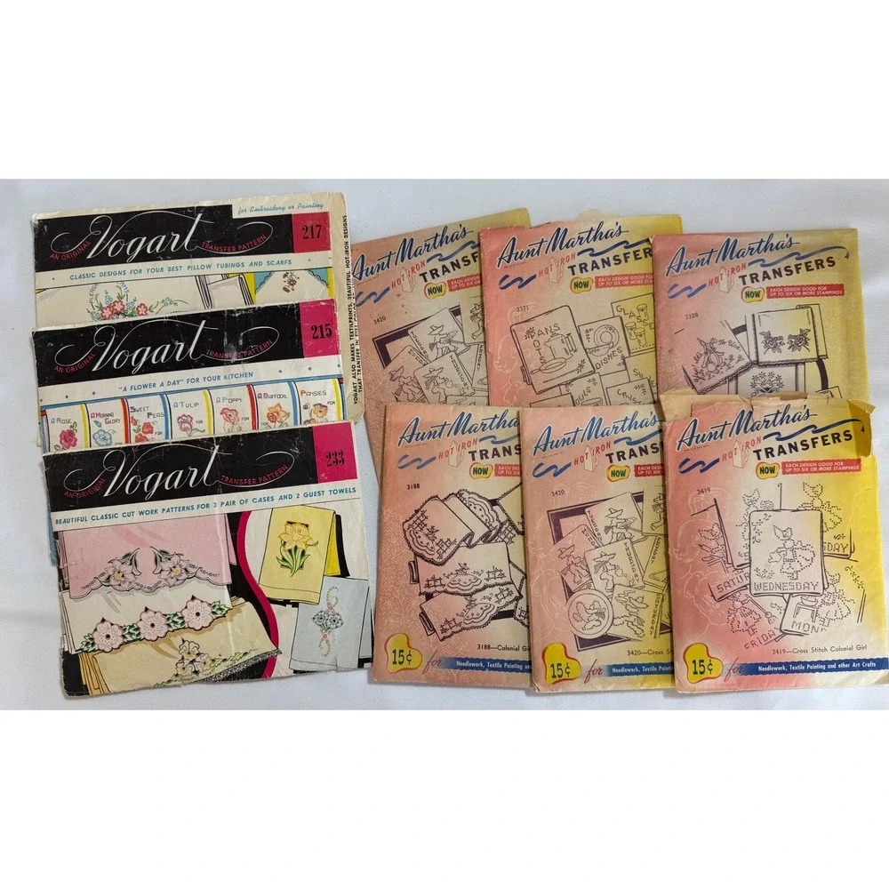 Vintage Lot of 9 Embroidery Transfer Vogart Aunt Martha's Hot Iron Patterns
